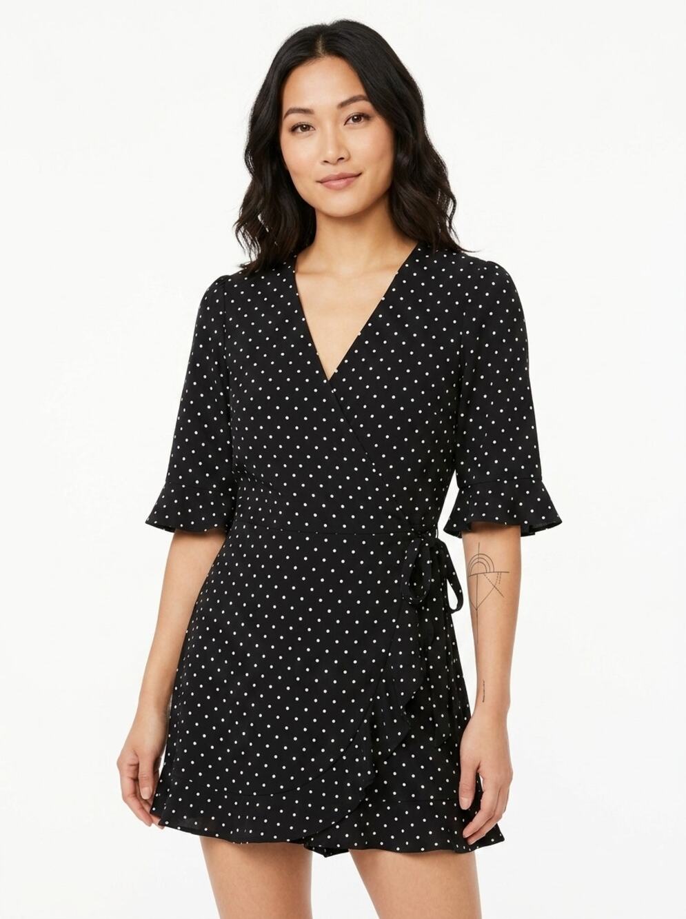 LOFT Outlet Black Polka Dot Wrap Ruffle Sleeve Romper Jumpsuit Women Size 8